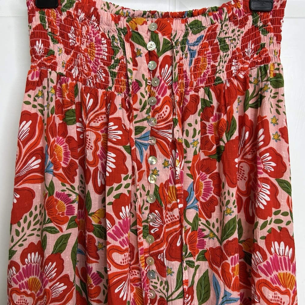 Rachel Zoe Smocked Waist Midi Skirt Women's Large Boho Beach Resort Red Floral - Picture 3 of 11